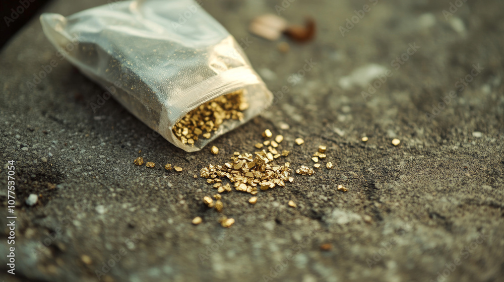 A small bag filled with tiny pieces of gold sits on a concrete surface. A small bag filled with tiny pieces of gold sits on a concrete surface.