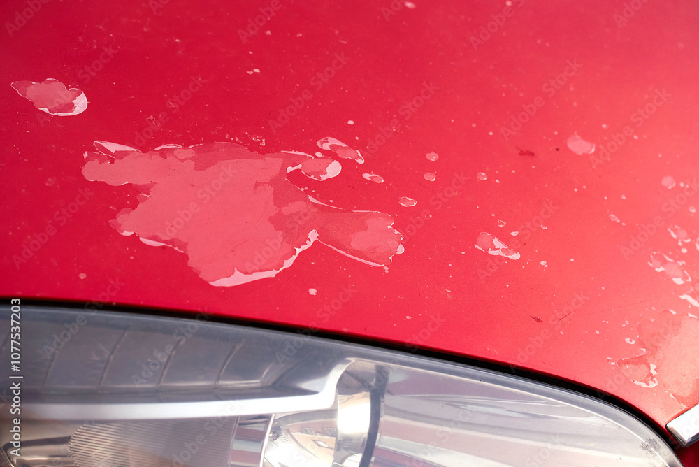 Red car with peeling clear coat and damaged paint close-up. Wear and deterioration on the vehicle’s exterior finish. Damage clear coat, faded red car paint.