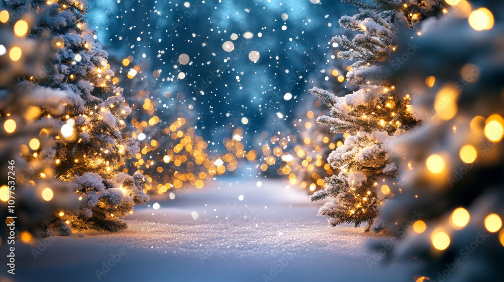 A snowy winter garden at night, with blurred lights from yellow and blue garlands hanging on the branches of frosted Christmas trees. There's space for a message here. A snowy winter garden at night, with blurred lights from yellow and blue garlands hanging on the branches of frosted Christmas trees. There's space for a message here.