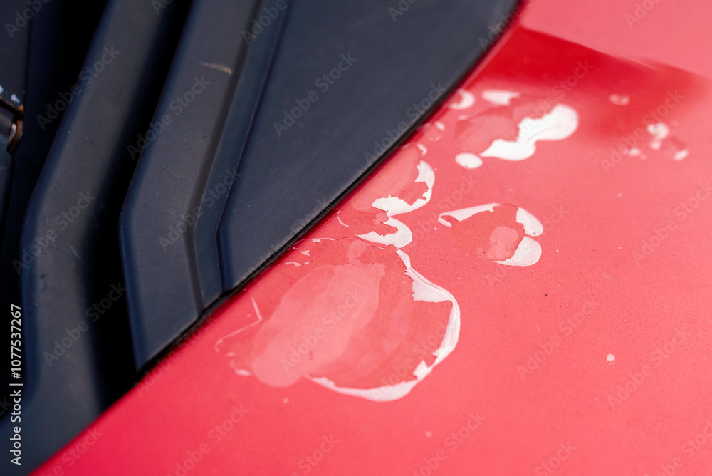 Clear coat peeling, red car with peeling paint and clear coat damage, automotive wear and tear, surface defects and oxidation. Sun damage car paint paint. Need for paint repair and restoration