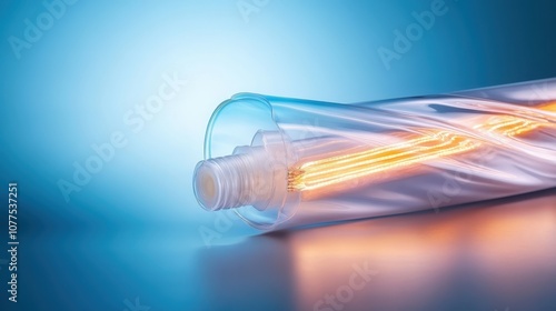 A beautiful neon spiral tube emits a captivating orange light against a blue background, showcasing the enigmatic blend of art and technology. photo