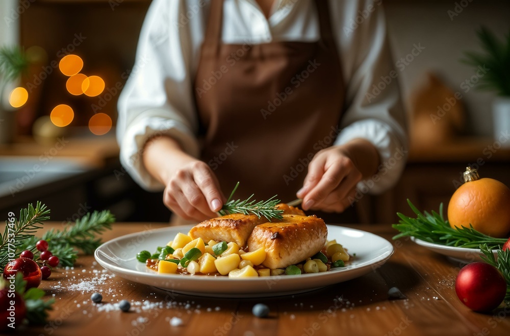 A woman in an apron is cooking meat and vegetables dinner in the kitchen. A woman cooking a festive dinner. Cooking Christmas dinner with a Christmas tree in the background. A woman in an apron is cooking meat and vegetables dinner in the kitchen. A woman cooking a festive dinner. Cooking Christmas dinner with a Christmas tree in the background.