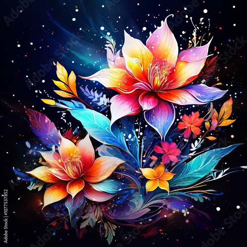 Mesmerizing depiction of radiant flower against dark background. Bold colors, flowing lines create sense of movement, energy. For poster, digital media, print, wallpaper, artistic decor, background.