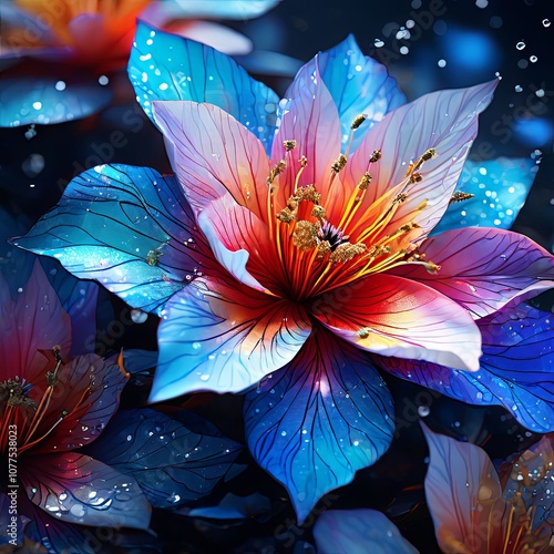 Mesmerizing depiction of radiant flower against dark background. Bold colors, flowing lines create sense of movement, energy. For poster, digital media, print, wallpaper, artistic decor, background.