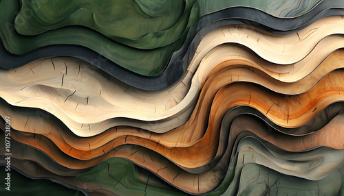 Abstract Layered Wood Art With Wave-Like Patterns photo