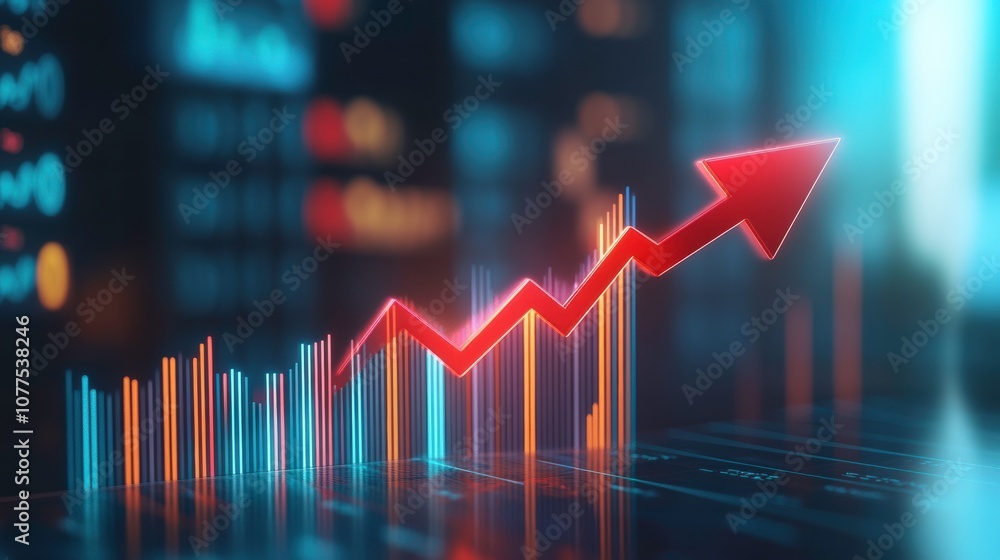 3D Bar Chart Depicting Financial Growth With Ascending Red Arrow, Illustrating Market Success and Trends. Generative AI 3D Bar Chart Depicting Financial Growth With Ascending Red Arrow, Illustrating Market Success and Trends. Generative AI