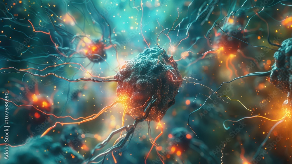 An artistic depiction of brain cells, using bright colors and abstract patterns