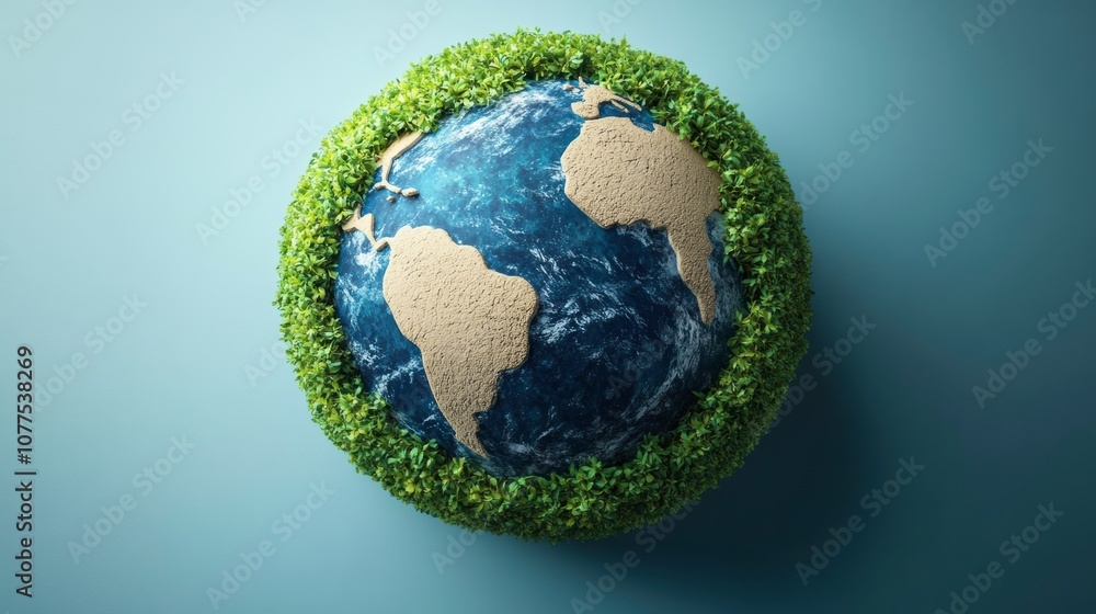Fototapeta premium 3D Cartoon Representation of Earth Surrounded by Green Foliage Highlighting Environmental Conservation. Generative AI