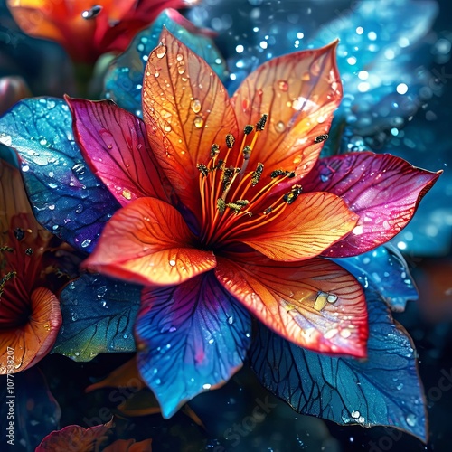 Mesmerizing depiction of radiant flower against dark background. Bold colors, flowing lines create sense of movement, energy. For poster, digital media, print, wallpaper, artistic decor, background.