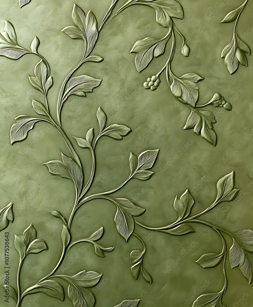 An olive green pattern with floral and leaf motifs, the design is embossed on fabric and has a subtle sheen to it. It creates an elegant look for your home decor. An olive green pattern with floral and leaf motifs, the design is embossed on fabric and has a subtle sheen to it. It creates an elegant look for your home decor.