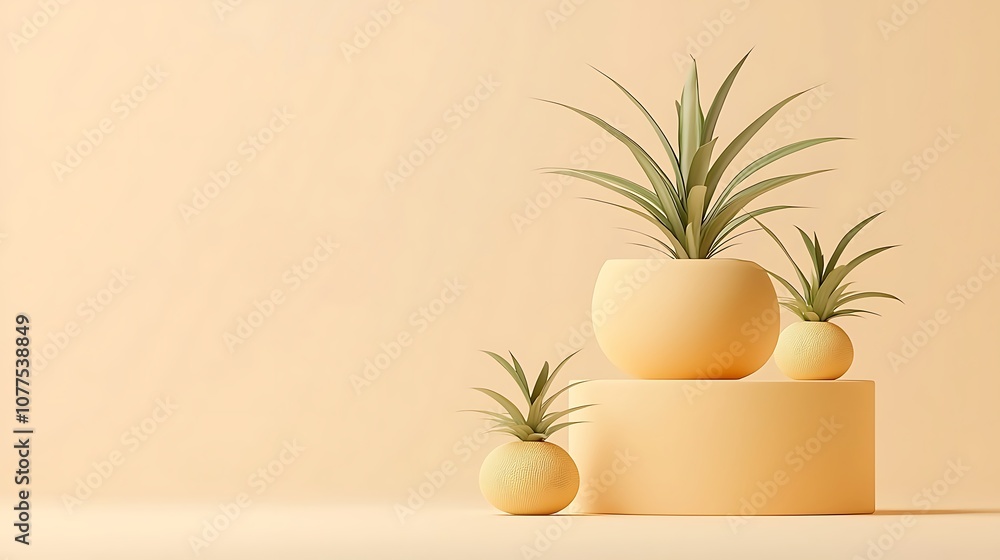A minimalist arrangement of potted plants on soft pastel backgrounds for decor inspiration. A minimalist arrangement of potted plants on soft pastel backgrounds for decor inspiration.