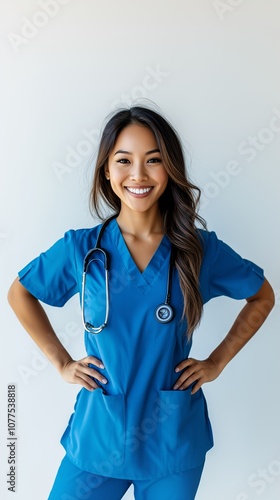 Beautiful Asian Nurse Smiling with Hands on Hips, Solid White Background, Health Professional in Medical Attire photo