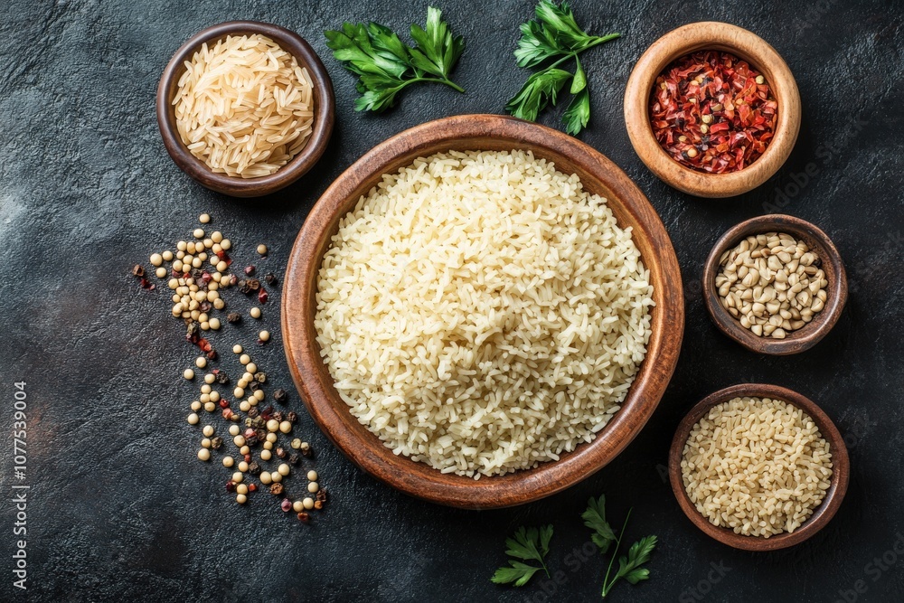 A bowl of cooked white rice with various spices and grains A bowl of cooked white rice with various spices and grains