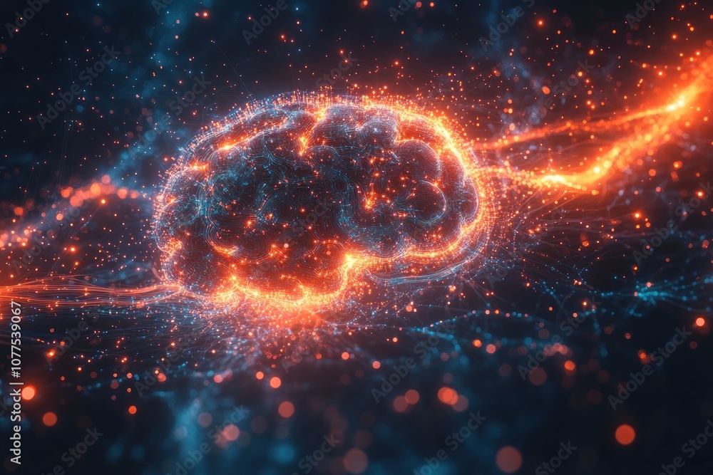 A glowing abstract brain made of particles, surrounded by a stream of light. A glowing abstract brain made of particles, surrounded by a stream of light.