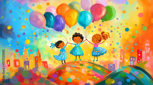 A vibrant illustration of children joyfully floating over a colorful cityscape, holding onto balloons against a bright, festive background.