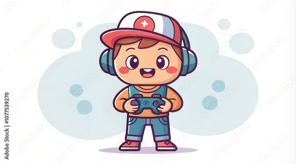 Cute Cartoon Gamer Character With Headphones Playing Video Games in a Fun, Colorful Environment. Generative AI Cute Cartoon Gamer Character With Headphones Playing Video Games in a Fun, Colorful Environment. Generative AI