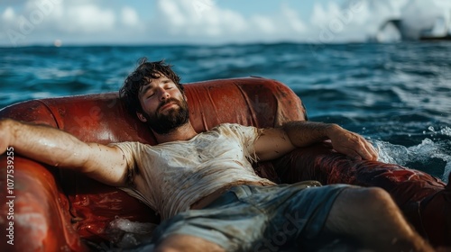 An adventurous man in soaked clothes lies back on a leather chair adrift in the ocean, evoking themes of escape, contemplation, and nature's embrace in solitude. photo