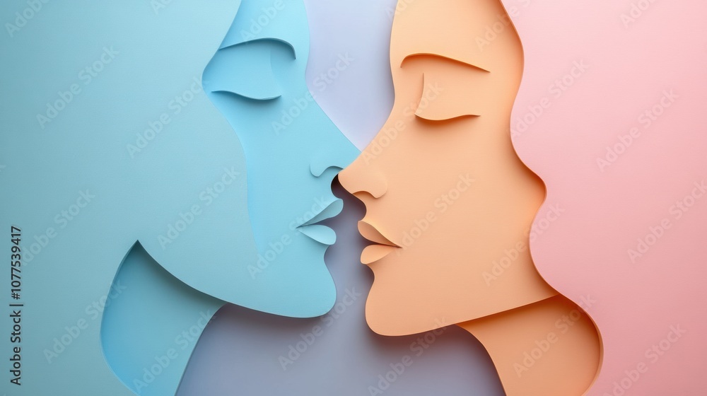 Two abstract silhouettes in soft pastel colors illustrate the themes of communication and empathy, blending emotional connection beautifully. Generative AI Two abstract silhouettes in soft pastel colors illustrate the themes of communication and empathy, blending emotional connection beautifully. Generative AI