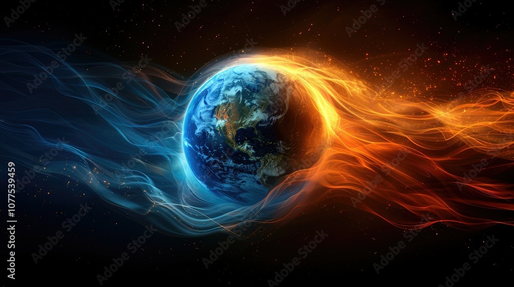 A fiery Earth, enveloped in flames, surrounded by a blue, ethereal glow. The planet is engulfed in a fiery embrace, symbolizing the dangers of climate change and global warming. A fiery Earth, enveloped in flames, surrounded by a blue, ethereal glow. The planet is engulfed in a fiery embrace, symbolizing the dangers of climate change and global warming.