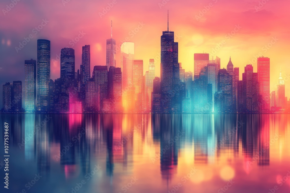 A vibrant cityscape skyline at sunset with colorful reflections in the water. A vibrant cityscape skyline at sunset with colorful reflections in the water.
