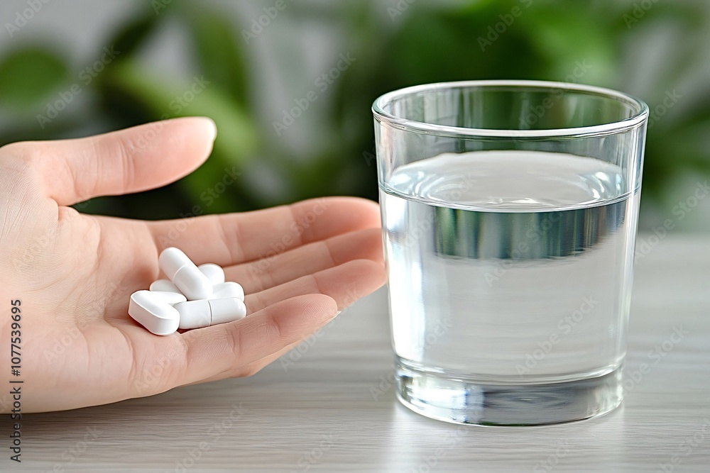 Woman is holding several white pills in her hand, next to a glass of water, ready to take her medication or supplements Woman is holding several white pills in her hand, next to a glass of water, ready to take her medication or supplements