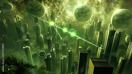 In a vibrant twilight sky, a futuristic city is alive with towering skyscrapers illuminated by green lasers, while planets hover dramatically above, creating a mesmerizing atmosphere