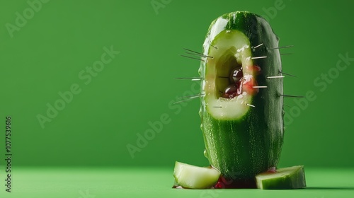 A standing spiked fruit dripping with liquid becomes a focal point of surreal modern art, blending form and whimsy on a simple green backdrop. photo