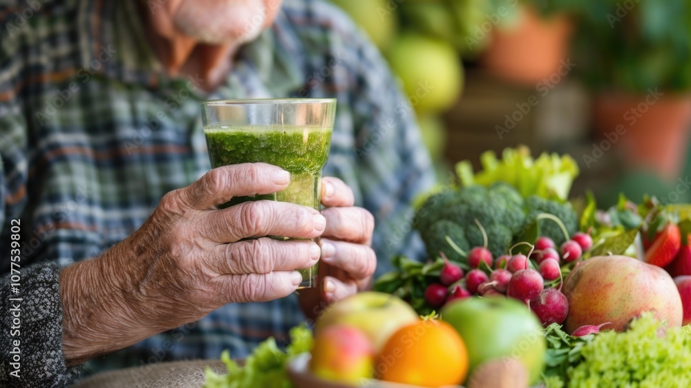 Senior enjoying a nutritious green juice with fresh vegetables and fruits Senior enjoying a nutritious green juice with fresh vegetables and fruits