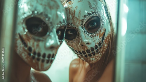 Two figures in dual skeletal masks create an eerie, enigmatic vibe conveying an unsettling blend of mystery, art, and surreal modern aesthetics. photo