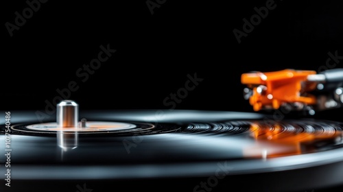 The sleek design of a record player, showcasing an orange tonearm above spinning vinyl, blends modern aesthetics with traditional audio performance in vivid detail. photo