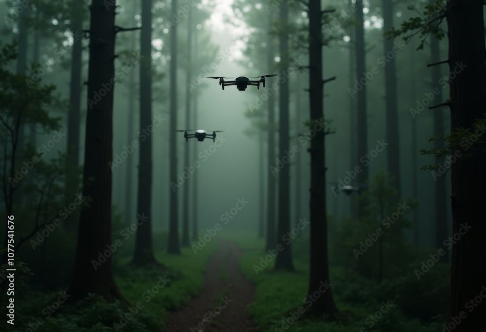 Drones navigate through a misty forest pathway surrounded by tall trees in the early morning light, capturing the serene atmosphere Drones navigate through a misty forest pathway surrounded by tall trees in the early morning light, capturing the serene atmosphere