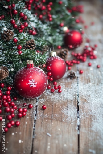 Festive red Christmas balls and pine cones on a rustic wooden table, evoking holiday warmth and charm.