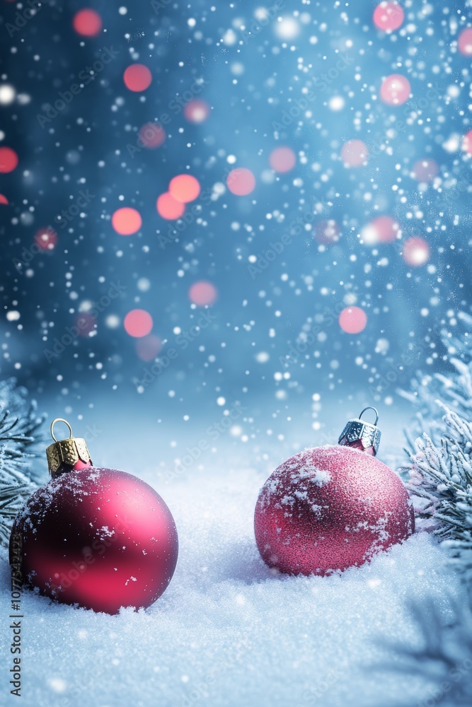 Two red Christmas ornaments nestled in pristine snow, capturing a festive and serene winter scene. Two red Christmas ornaments nestled in pristine snow, capturing a festive and serene winter scene.