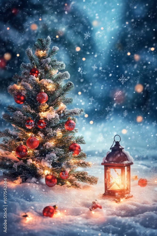 A small Christmas tree and lantern nestled in the snow, creating a cozy winter scene under a soft evening glow. A small Christmas tree and lantern nestled in the snow, creating a cozy winter scene under a soft evening glow.