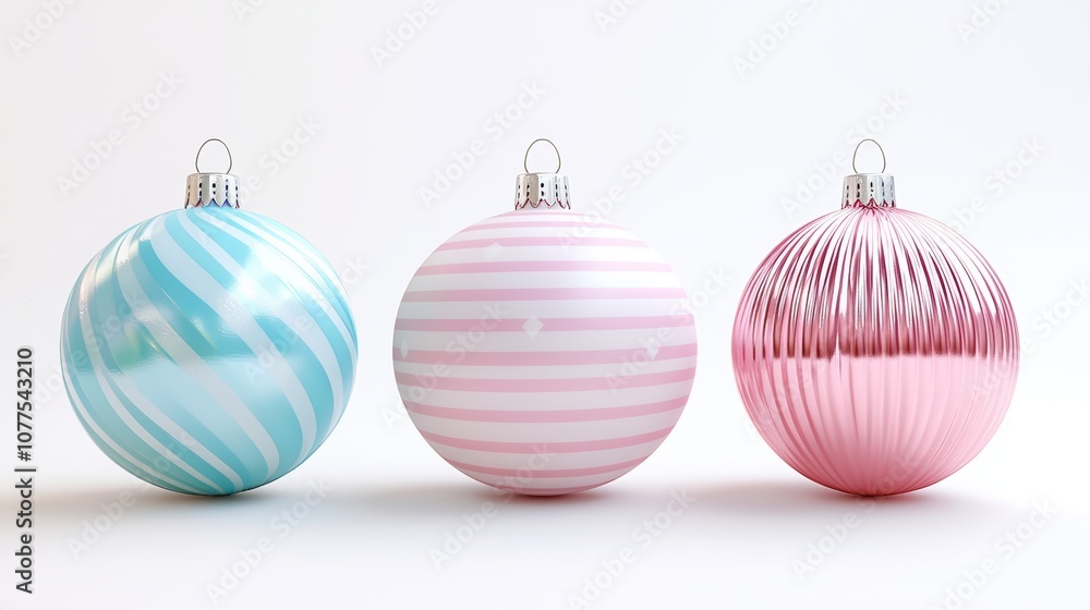 Three festive Christmas ornaments in a row on a white surface, showcasing holiday cheer and vibrant colors. Three festive Christmas ornaments in a row on a white surface, showcasing holiday cheer and vibrant colors.