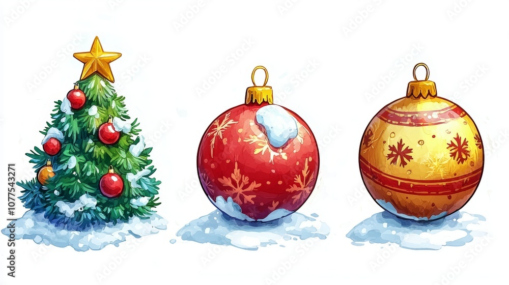 Three festive Christmas ornaments lined up in front of a decorated tree, capturing holiday spirit and warmth. Three festive Christmas ornaments lined up in front of a decorated tree, capturing holiday spirit and warmth.