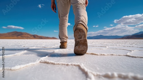 A close-up shot of a hiker's worn boots stepping on the cracked salt flats. The patterned lines of the salt flats create a striking geometric design. photo