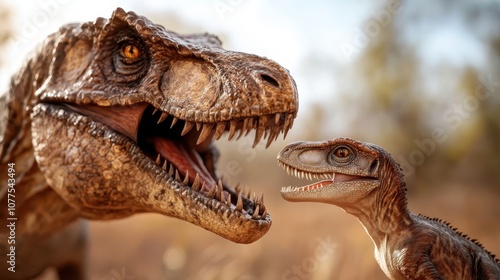 An adult dinosaur interacts playfully with a juvenile in an arid prehistoric landscape, symbolizing family bonds and life cycles in ancient times. photo