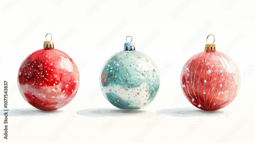 Three festive Christmas ornaments lined up on a white surface, showcasing holiday cheer with vibrant colors and elegant designs. Three festive Christmas ornaments lined up on a white surface, showcasing holiday cheer with vibrant colors and elegant designs.