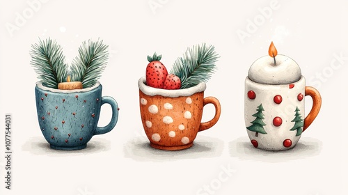 Three festive cups adorned with Christmas decorations, topped with a glowing candle, creating a warm holiday ambiance.