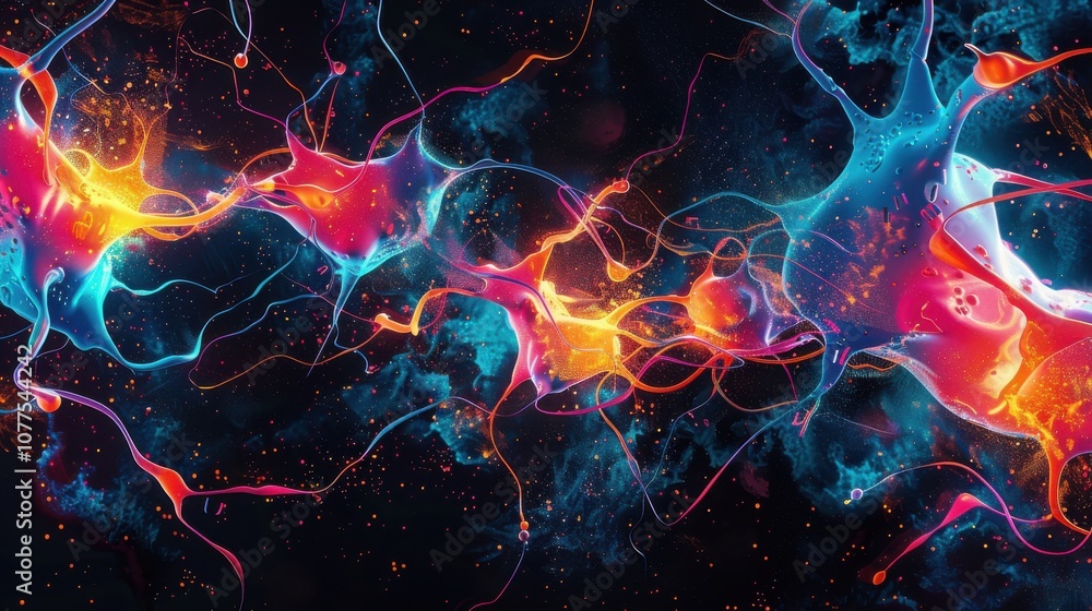 An artistic depiction of brain cells, using bright colors and abstract patterns An artistic depiction of brain cells, using bright colors and abstract patterns