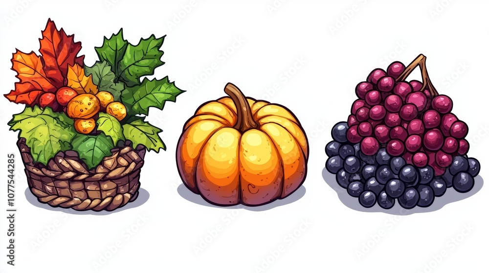 A vibrant basket brimming with autumn fruits, featuring a pumpkin and clusters of luscious grapes. A vibrant basket brimming with autumn fruits, featuring a pumpkin and clusters of luscious grapes.