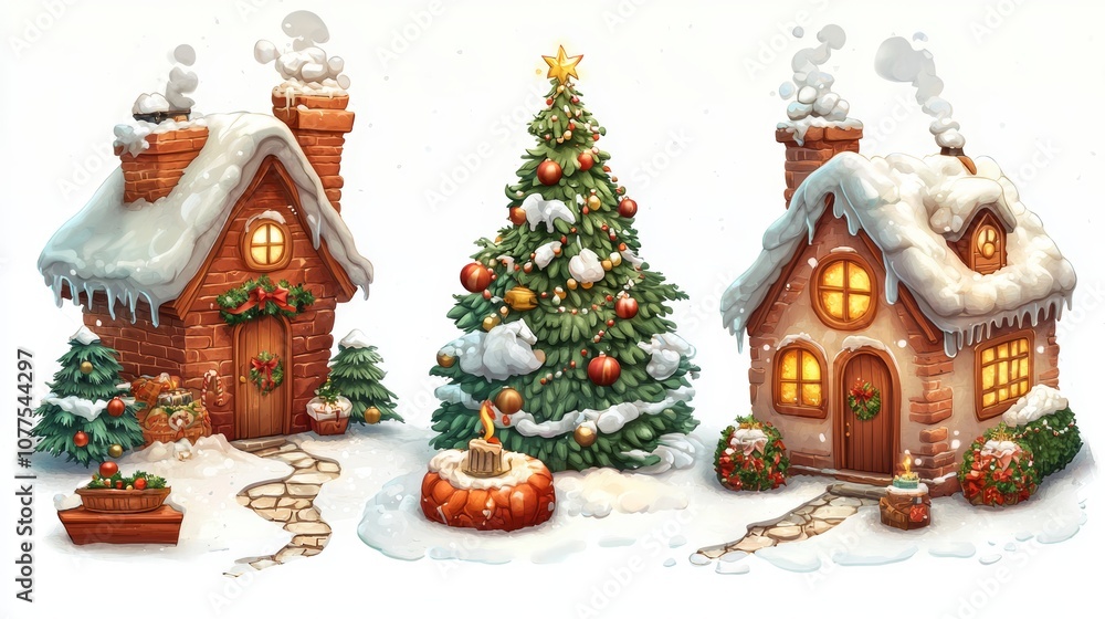 Fototapeta premium Three cozy houses adorned with festive Christmas lights and decorations, creating a warm holiday atmosphere.