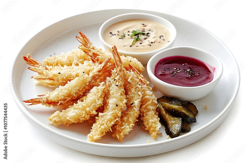 Golden Crispy Tempura Shrimp with Dipping Sauces and Japanese Pickles, Modern Plating in Bright Natural Light, Professional Editorial Photo Golden Crispy Tempura Shrimp with Dipping Sauces and Japanese Pickles, Modern Plating in Bright Natural Light, Professional Editorial Photo