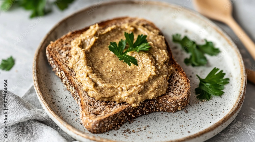 Creamy Nut Butter Spread on Whole Grain Toast with Fresh Parsley on a Rustic Plate Perfect for Healthy Breakfast or Snack Inspiration Creamy Nut Butter Spread on Whole Grain Toast with Fresh Parsley on a Rustic Plate Perfect for Healthy Breakfast or Snack Inspiration