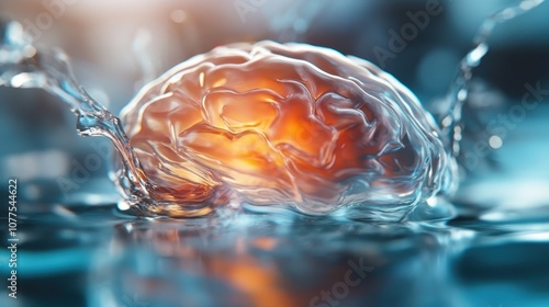 A captivating visual of a watery brain that appears to splash around a vibrant orange glow, evoking ideas of fluid intelligence and dynamic creativity in motion. photo