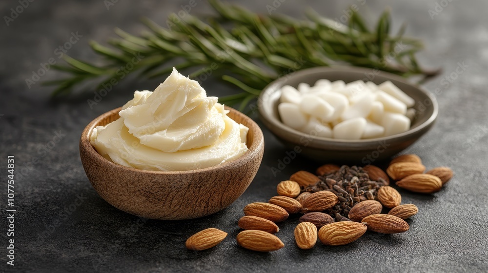 Shea butter in wooden bowl with almonds. Perfect for showcasing natural beauty products or homemade cosmetics. Shea butter in wooden bowl with almonds. Perfect for showcasing natural beauty products or homemade cosmetics.