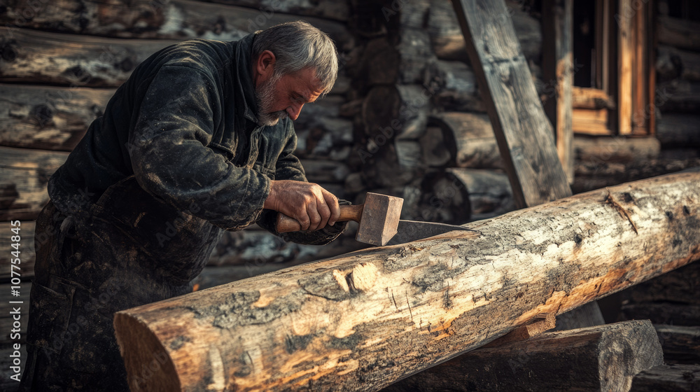 A worker is hammering a nail into a wooden log on a house wall. A worker is hammering a nail into a wooden log on a house wall.