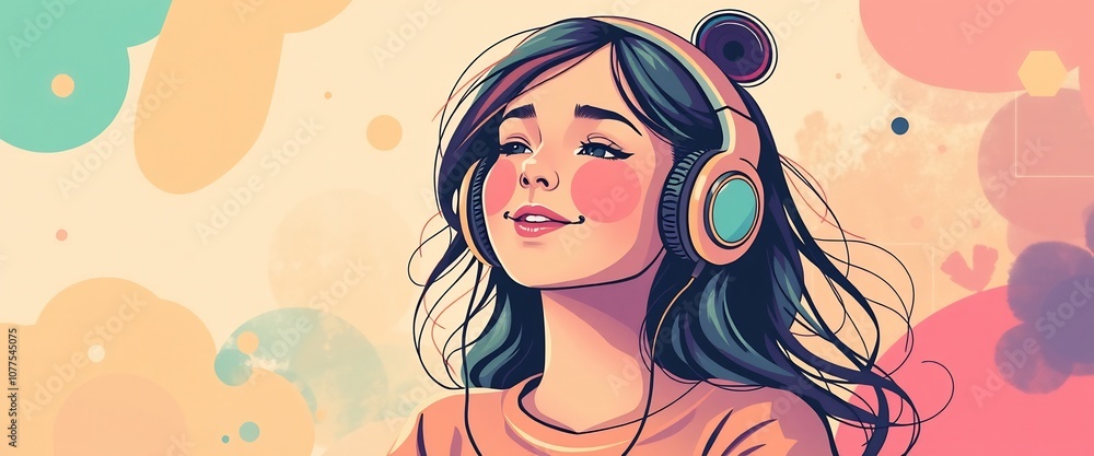 Abstract illustration of a young girl with headphones listening to music, Cheerful young woman, headphones, colorful pastel clouds background, digital illustration Abstract illustration of a young girl with headphones listening to music, Cheerful young woman, headphones, colorful pastel clouds background, digital illustration
