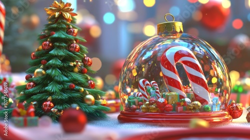 A festive glass ball encases a candy cane, capturing holiday spirit with its vibrant red and white stripes against a clear backdrop. photo